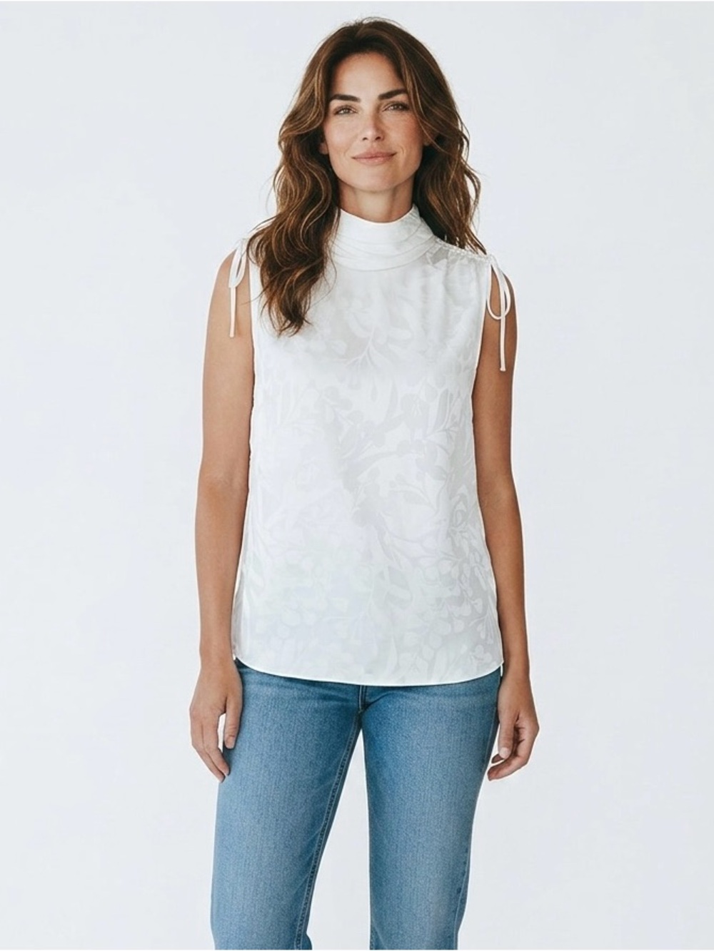 White House Black Market White Sleeveless Tie-Shoulder Mock Neck Blouse Sz M